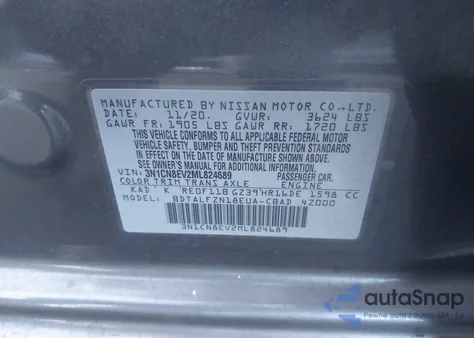2021 Nissan Versa Sv Xtronic Cvt z USA, uszkodzony, nr VIN 3N1CN8EV2ML824689